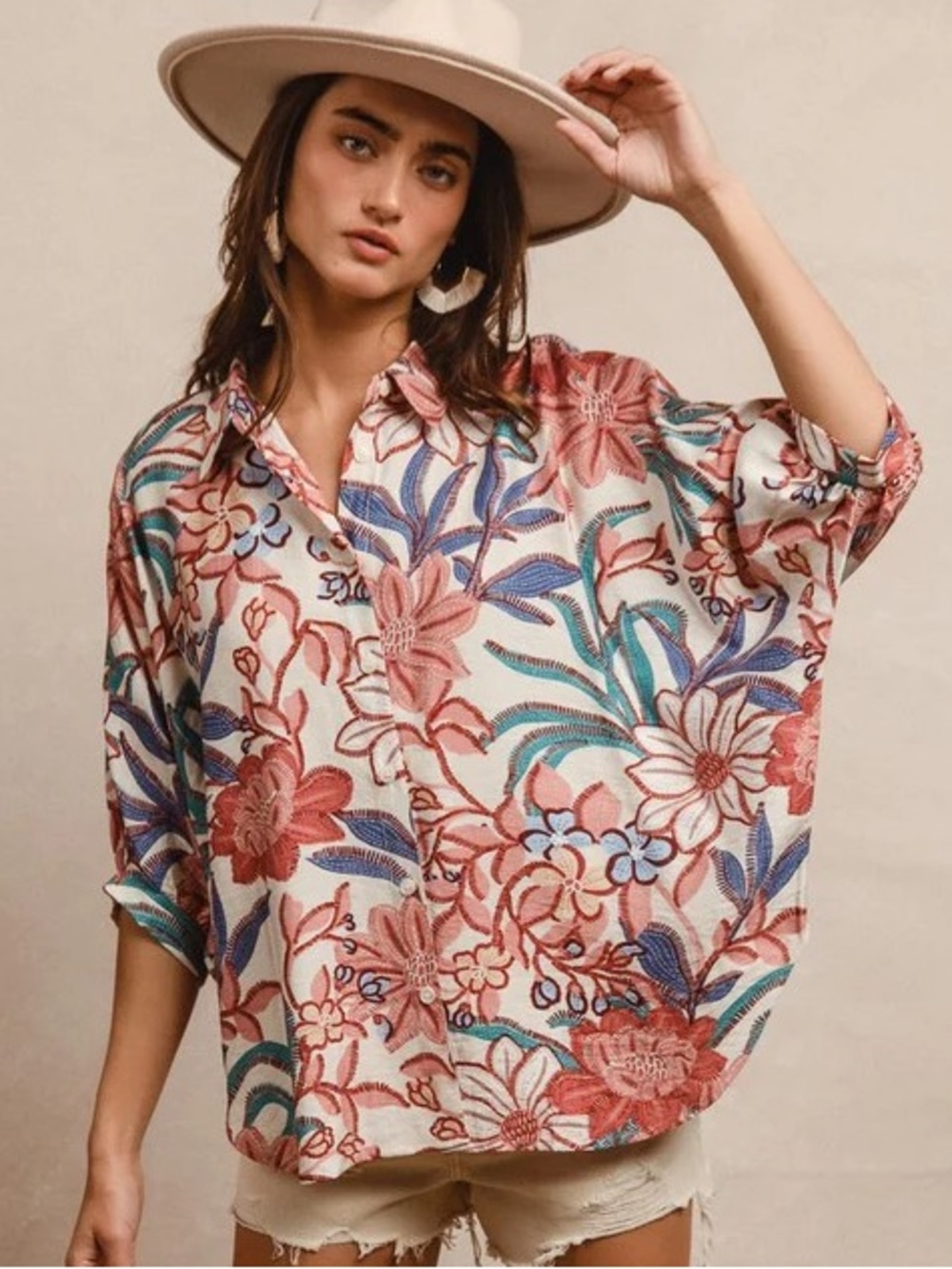 Bibi Bold Multicolor Floral Print Oversized Button Down Top